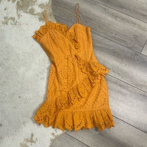 Selfie Leslie mustard yellow crochet mini eyelet dress